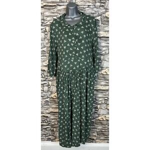 April Cornell Greenhouse Dress Sage 100% Rayon Sz L Pockets Tie Back Cottagecore